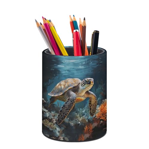 Sea Turtle Pen Holder Pencil Cup for Desk Organizer | Cute Makeup Brush Holder PU Multifunctional Office Suppliesfor Decor Home Classroom School - color: Sea Turtle