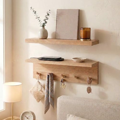 Floating Wall Shelves with Hooks, Rustic Wood Coat Rack & Storage Organizer for Entryway, Kitchen & Bedroom, Wall Mounted Display Shelf for Books, Plants & Photos