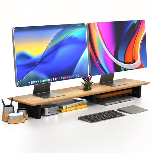 COREMINDED Solid Wood Dual Monitor Stand Riser, 42 Inch Oak Desk Shelf | Fits 2 Monitors, Sturdy & Stable Solid Wood, Under Monitor Keyboard Storage, Office Desktop Organizer, Easy Assembly, Oak - color: Oak