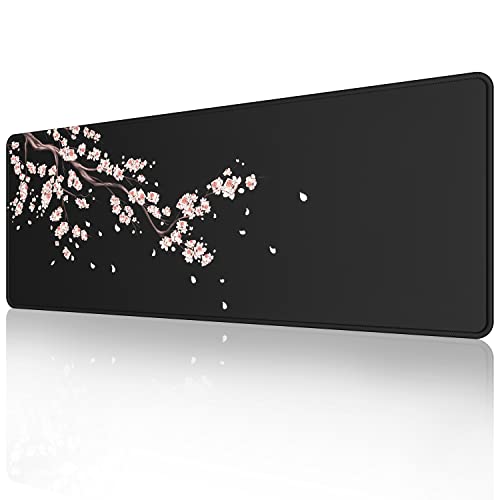 ETZ Japanese Plum Blossoms Black Mouse Pad (31.5 × 11.8 × 0.12 inch) Extended Large Mouse Mat Desk Pad, Stitched Edges Mousepad,Non-Slip Rubber Base,Gaming Mouse Pad XL. - color: Plum Blossom Mouse Pad-1