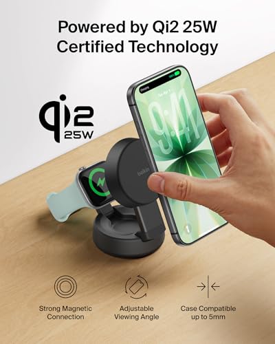 Belkin MagSafe Charger Compatible, 2-in-1 Wireless Charging Station, Qi2.2 25W Convertible Magnetic Charger for iPhone 17, Apple Watch Series 10, Google Pixel 10, and More (45W Adapter Included) - color: Black, style: 2 in 1