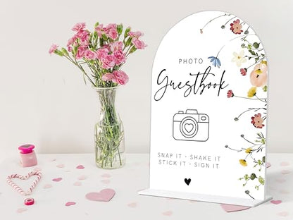 Photo Guest Book Sign, Wedding Guest Book Alternative, Flower Style Bridal Shower Signs for Engagement, Bridal Shower and Reception, Wedding Shower Favors, 6X8 Inch Acrylic Arch Sign with Stand,38 - color: Photo Guest,38