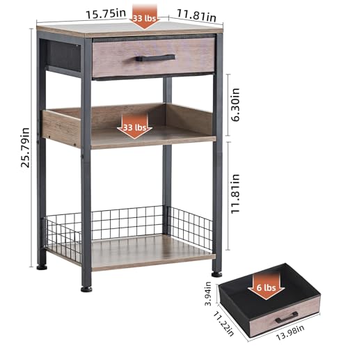 Lerliuo Grey Printer Stand with Fabric Drawer, 3 Tier Industrial Side Table, Modern Small Printer Desk Holder with Storage Shelf,Multi-Functional Bedside Tables for Home Office Fax Machine Scanner - color: Grey