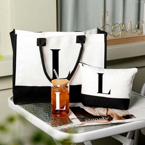 Aliceset Initial Gifts for Women Monogram Canvas Tote Bag and Makeup with Zipper and Initial Glass Coffee Cup Gifts for Her - style: Letter L