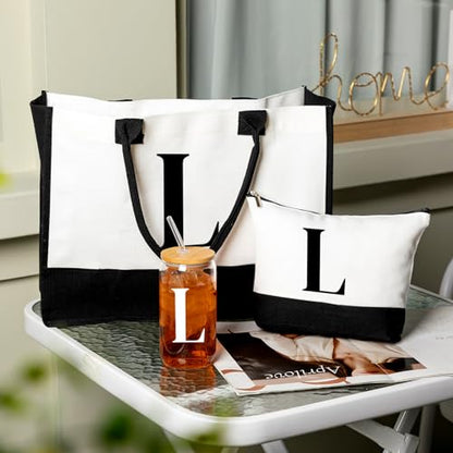 Aliceset Initial Gifts for Women Monogram Canvas Tote Bag and Makeup with Zipper and Initial Glass Coffee Cup Gifts for Her - style: Letter L
