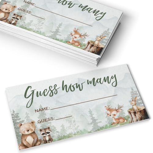 Printed Party Baby Shower Games – Woodland Adventure Candy Jar Guessing Game, Forest Animal Theme, 30 Guess How Many Cards & Matching Display Sign - color: Woodland Adventure