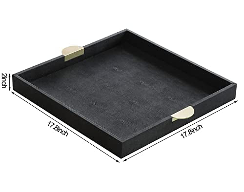 HofferRuffer Faux Leather Decorative Serving Tray, Elegant Coffee Table Ottoman Tray, Breakfast, Drinks, Liquor Serving Platter, Black Shagreen Finish with Gold Hardware Handle (Square) - color: Black, size: 17.8" x 17.8" x 2"