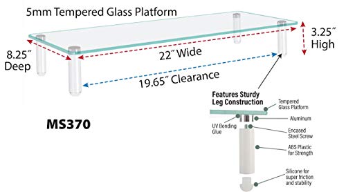 Kantek Glass Monitor Riser with 5mm Tempered Glass Platform and 40-Pound Capacity, 22-Inch W x 8.25-Inch D x 3.25-Inch H, Clear Glass (MS370) - size: Wide