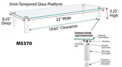 Kantek Glass Monitor Riser with 5mm Tempered Glass Platform and 40-Pound Capacity, 22-Inch W x 8.25-Inch D x 3.25-Inch H, Clear Glass (MS370) - size: Wide