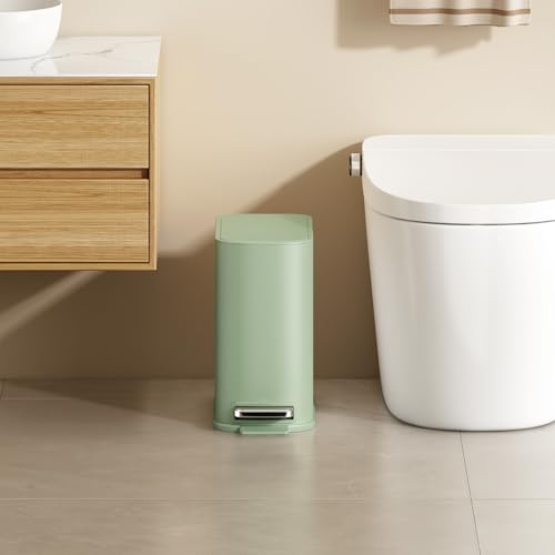 TIPGO Small Bathroom Trash Can with Lid Soft Close, Step Pedal, 1.3 Gallon / 5 Liter Stainless Steel Slim Garbage Can for Office, Diaper Waste Basket with Removable Inner Bucket (Green) - color: Green