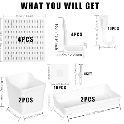 Premium Pegboard Combination Kit, White Pegboard Wall Organizer with 4 Small Plastic Panels and 38 Accessories, Ideal for Craft Room, Bathroom, Nursery Storage, and Office (22"*22")