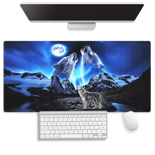 Large Gaming Mouse Pad (31.5" x 15.8") - Wolves Howling at The Moon Grey Wolf Bright Moonlight Great Snowy Mountain, Extra XXL Extended Office Accessories, Premium Stitched Anti-Slip Desk Mat - color: Blue and Black