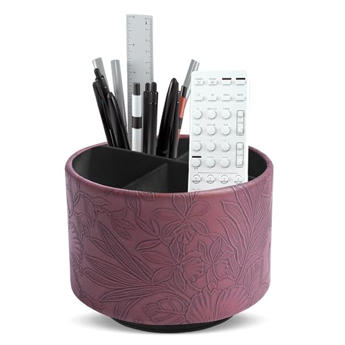 Round Leather Art Supply Organizer,Remote Control Holder,360 Degree Spinning,Multi-Functional Pencil Holder,4 Compartments Desktop Stationary Organizer(1-Carved Dark Brown) - color: 1-Carved Dark Brown