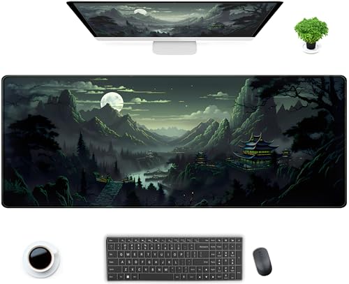 Green Mouse Pad Natural Moon Desk Mat Mousepad XL Large Extended Desk Pad Anime Mountains Desk Matt for Desktop, Laptop Computer Keyboard Mouse Mat for Women Office Decor Accessories 31.5x11.8 in - color: Green Mountains Moon, size: 31.5" x 11.8"