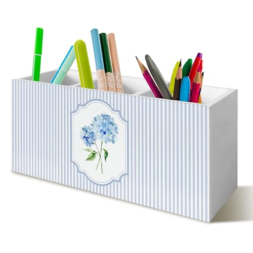 Blue Hydrangea Pen Pencil Holder Organizer for Desk, Blue and White Striped Floral Cottagecore Wooden Box Block Sign for Home Office Tabletop Decor - color: Hydrangea