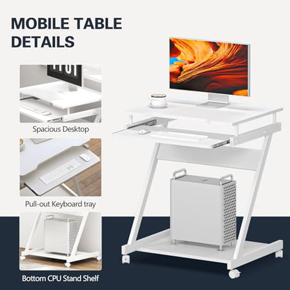 sogesfurniture Mobile Computer Desk Small Rolling Office Table Workstation with Printer Shelf and Keyboard Tray, Space-Saving Computer Desk with Storage Shelf for Home and Office (White) - color: White