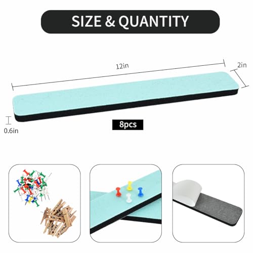 Vuzvuv 8 pcs Bulletin Board Bar Strips with 50 Pushpins & 10 Wooden Clip pins，Self Adhesive Cork Board for Wall，Felt Pin Board for School，Office Decor(Mint Green) - color: Mint Green
