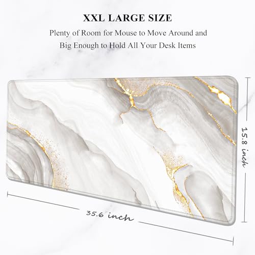 Auhoahsil Large Mouse Pad, XXL Gaming Mousepad, Desk Mat for Desktop, Thick Rubber, Big & Long Size, Stitched Edges, Full Desk Pad for Laptop & Computer, Extended 35.4 x 15.7 in, Gold Gray Marble - color: 07 White Gold Gray Marble, size: 35.5L x 15.7W inc