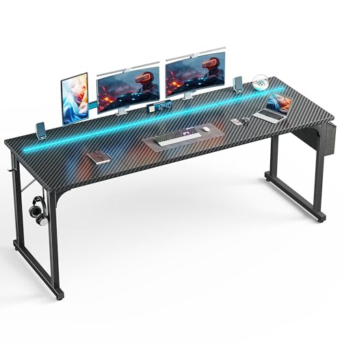 DurayLoly 71" Gaming Desk with LED Lights, Large Office Desk for 3 Monitors or 2 laptops,Long Desk with Storage Bag&Headphone Hook for Study Writing Work Wood Desk,Sturdy Metal Frame,Black - color: Black, size: 71 Inch