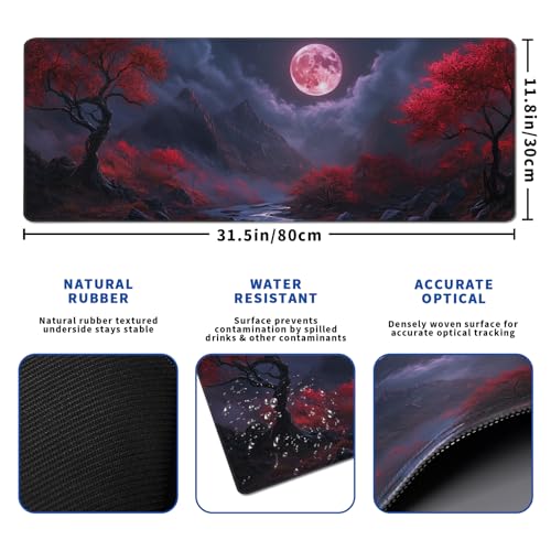 Darkness Red Moon Mouse Pad Abstract Red Mouse Pad 31.5x11.8 Inch Texture Non-Slip Rubber Base Large Mousepad Stitched Edges Keyboard Mouse Mat Desk Pad for Office and Home (Darkness 2) - color: Darkness Red Moon 2