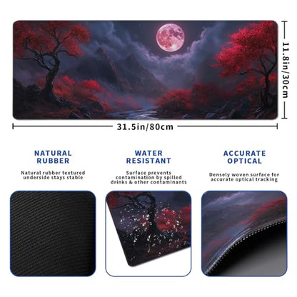 Darkness Red Moon Mouse Pad Abstract Red Mouse Pad 31.5x11.8 Inch Texture Non-Slip Rubber Base Large Mousepad Stitched Edges Keyboard Mouse Mat Desk Pad for Office and Home (Darkness 2) - color: Darkness Red Moon 2