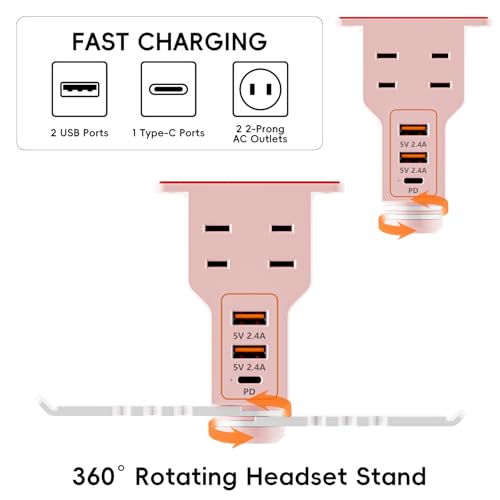 Gaming Headphone Stand with Charging Station - Aluminum Hooks Headphone Holder, Under Desk Headset Stand, 3 USB & AC Outlet, Surge Protector & Cable Organizer, Gift for Girl/Men - color: Pink