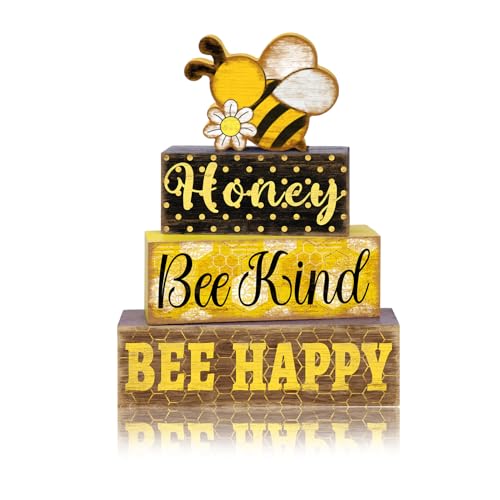 Britimes 4 Pcs Bee Wooden Tiered Tray Decor Set, Bumble Bee Table Decor Spring Daisy Honey Farmhouse Rustic Wooden Summer Coffee Table Centerpieces for Home kitchen Office Decorations - style: Bee