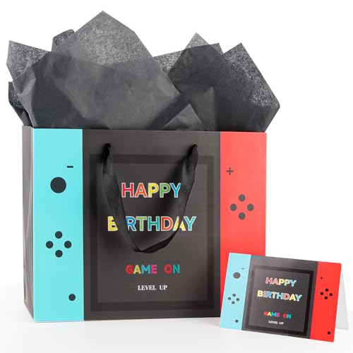 LERCTH Video Game Gift Bags 13" Large Paper Tote Bag with Handles & Greeting Card & Gifts Wrap Paper Reusable Birthday Gift's Bag for Boys Kids Video Game Birthday Party Supplies - color: Game gift bag, size: 1 count (Pack of 1)