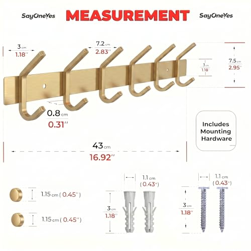 Brushed Gold Wall Mounted Coat Rack – 17 Inch Stainless Steel Rail with 6 Double Coat Hooks for Entryway, Bathroom, Bedroom, Kitchen – Modern Gold Hook Rack for Coats, Hats, Towels - 2 Pack - color: Gold, size: 6 Hooks - 2 Pack