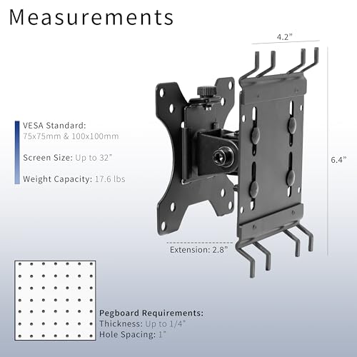VIVO Articulating Single Monitor Pegboard Mount, Fits Screens up to 32 inches and Peg Boards up to 0.25 inches Thick with 1 inch Hole Spacing, Black, Mount-PB1 - size: up to 32" screens, style: Low Profile