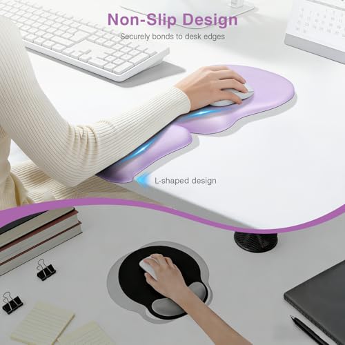Ospelelf Mouse Pad with Wrist Rest Set Foam L-Shaped Desk Elbow Pad Ergonomic Desk Edge Cushion Anti-Slip Rubber Bottom Office Women Desk Accessories for Computer, Laptop and Gaming, Purple - color: Purple