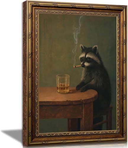 Electrilucn Vintage Gold Framed Smoking Raccoon Canvas Wall Art Moody Humor Raccoon Wall Decor Picture Funny Dark Academia Whimsical Animal Poster Prints for Living Room Bedroom Man Cave Decor 12x16in - color: Raccoon, size: 16"L x 12"W