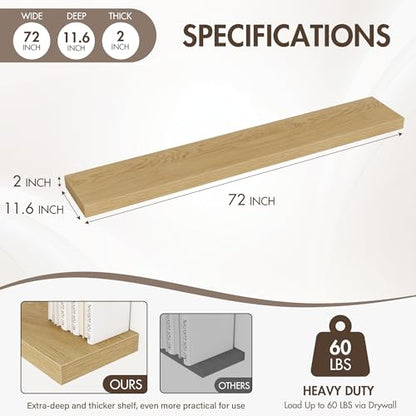 Acovy 72 Inch Floating Shelves, 12" Deep Floating Shelf Wall Mounted, 72" Wall Shelves, Rustic Deep Bookshelf, Extra Deeper & Thicker Display Shelves for Bedroom, Living Room, Oak, Set of 1 - color: Oak, size: 12"Wx72"L-1pc