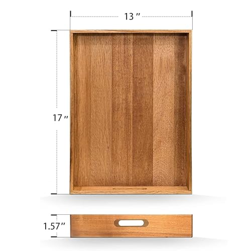 Acacia Wood Serving Tray with Handles Set of 2 – Decorative Serving Trays Platter for Breakfast in Bed, Lunch, Dinner, Patio, Ottoman, Coffee Table, BBQ, Party –Great for Lap &Couch - color: Set of 2