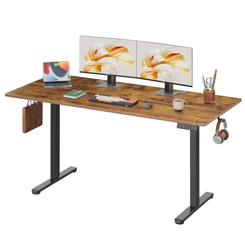 DEVAISE 63 Inch Electric Standing Desk, 3 Adjustable Computer Desk for Home Office, Ergonomic Sit to Stand Desk with LED Touchscreen，Headphone Hook, 3 Memory Preset, with Split Top, Rustic Brown - color: Rustic Brown, size: 63 Inch / Split Top