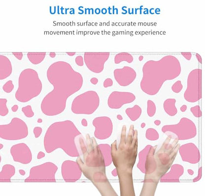 Gaming Mouse Pad, Large Mouse Pads for Desk, Non-Slip Rubber Base Mousepad, Keyboard Mouse Mat, Desk Pad with Stitched Edges, 31.5x11.8 inch Pink Cow Print - color: Pink Cow Print, size: 31.5" x 11.8"