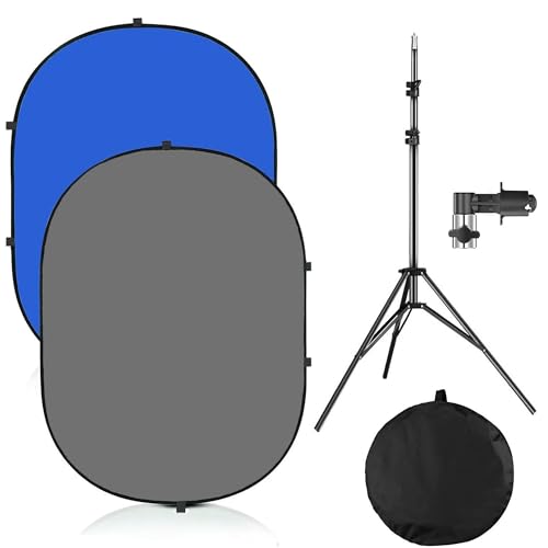 5x7ft/1.5x2m Chromakey Blue Grey Backdrop with 7.8ft/2.4m Stand, 2-in-1 Reversible Collapsible Pop-Up Blue Grey Screen Background Panel for Photography, Live Streaming, Video Shooting, Game - color: Blue/Gray