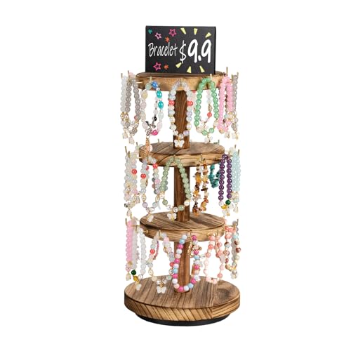 Pinzoveco Bracelet Holder, 3 Tier Wooden Rotating Bracelet Display Stand, Tree Stand Vendor Booth Display with Adversitsing Board, 36 Hooks for Bracelet, KeyChain Display Stands for Selling, Brown (Patent Pending) - color: Carbonized Brown