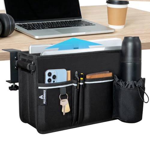 Side Desk Laptop Holder for Up to 3 Laptops, Side Desk Organizer with Adjustable Divider & Bottle Pocket, Soft-Lined Interior, Clamp Mount Side Desk Storage, Fits 0.6″-3.2″ Flat Edge