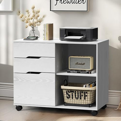 DUMOS File Cabinet with 3 Drawers, Wood Under Desk Storage Printer Stand | Rolling Lateral Filing Cabinet with Adjustable Shelves for Home Office Study Organizatiom, Classic White - color: Classic White