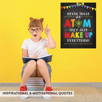 Andaz Press Classroom Science Teacher Wall Art Decor Poster Signs, 8.5x11-inch, Think Like a Proton and Stay Positive, Never Trust an Atom 4-Pack Unframed, Motivational Quotes Science Teacher Wall Art - color: Stay Positive