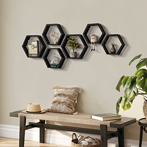 CADUKE Hexagonal Floating Shelves Set of 6 Hexagon Sheves Wall Mount Wood Storage Honeycomb Shelf Farmhouse Wall Decor Shelves for Bedroom Living Room, Black - color: Black 6 Pack, size: 6 Pack