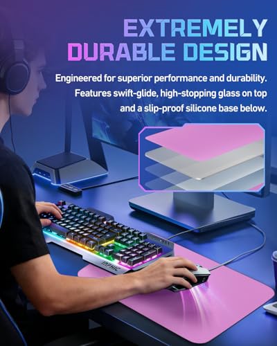 Glass Gaming Mouse Pad for FPS Gaming, Balanced Speed & Control, Consistent Glide, Anti-Slip Base, Water-Resistant Desk Mat for Valorant, CS2, XL 19.3" x 16.5", Pink