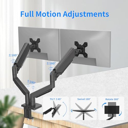 Dual Monitor Stand for 13 to 32 inch Screens, Gas Spring Monitor Arm with Swivel, Tilt, Rotation, Height Adjustable, Desk Mount with C-Clamp and Grommet Base, Each Arm Holds 4.4 to 19.8lbs Screen - size: Non-RGB Dual Arm Black