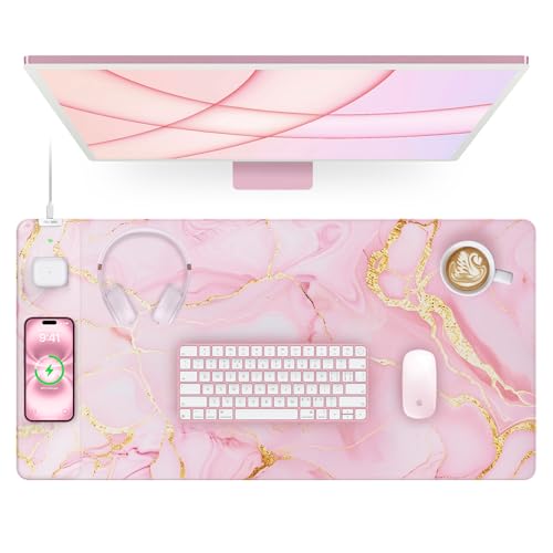 Pink Marble Mouse Pad with 15W Wireless Charging, 31.5"x15.8" Large Gaming Desk Pad/Mat for Women Girls, Waterproof Ultra-Smooth Surface, Non-Slip Base - color: Pink Marble-31.5"x15.8"