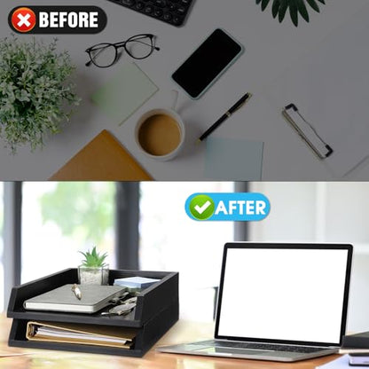 DoubleFill 2 Pcs Wooden Letter Trays 2 Tier Desktop Paper Organizer Wood Letter-Size Desk Document Tray Heavy Duty Stackable Paper Drawer Holder File Folder Back to School Office Home (Black) - color: Black