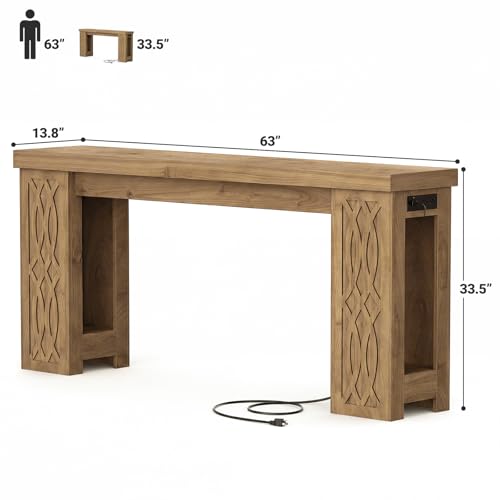 Cyclysio 63" Console Table with Outlet, Farmhouse Entryway Table with Colorful LED Lights, Wooden Sofa Table with Unique Carved Design, Foyer Accent Table for Entrance, Hallway, Living Room Natural - color: Natural, size: 63 Inch