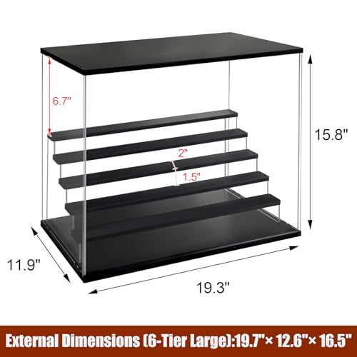 Acrylic Display Case with Adjustable LED Light, 6 L Tier Clear Display Box Dustproof Showcase for Action Figures, Collectibles and Mini Toys, Assembly Display Cabinet(Black 19.7*12.6*16.5in) - color: Black, size: 6 Tier 19.7×12.5×16.5in