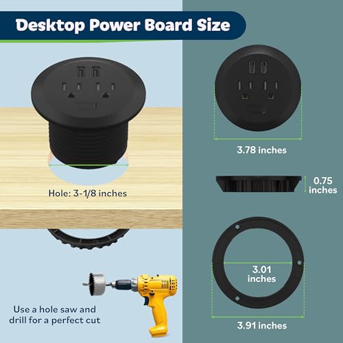 TOPGREENER Desktop Power Grommet with 65W PD Fast Charging USB C, GaN Desk Grommet for MacBook, 2 USB-A Ports and Duplex Receptacles, 3” Diameter Power Grommet, TTRP48APD60-BK, Black - color: Black