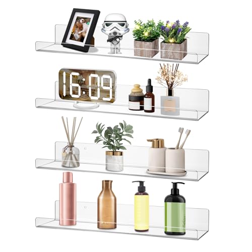 Dezzer 4 Pack Acrylic Shelves for Wall, 15" Clear Acrylic Floating Shelves for Bathroom Bedroom, Invisible Bookshelf Wall Ledge Storage Shelf Books Perfume Toys Action Figure Display Shelves - style: 15 inch 4-pack